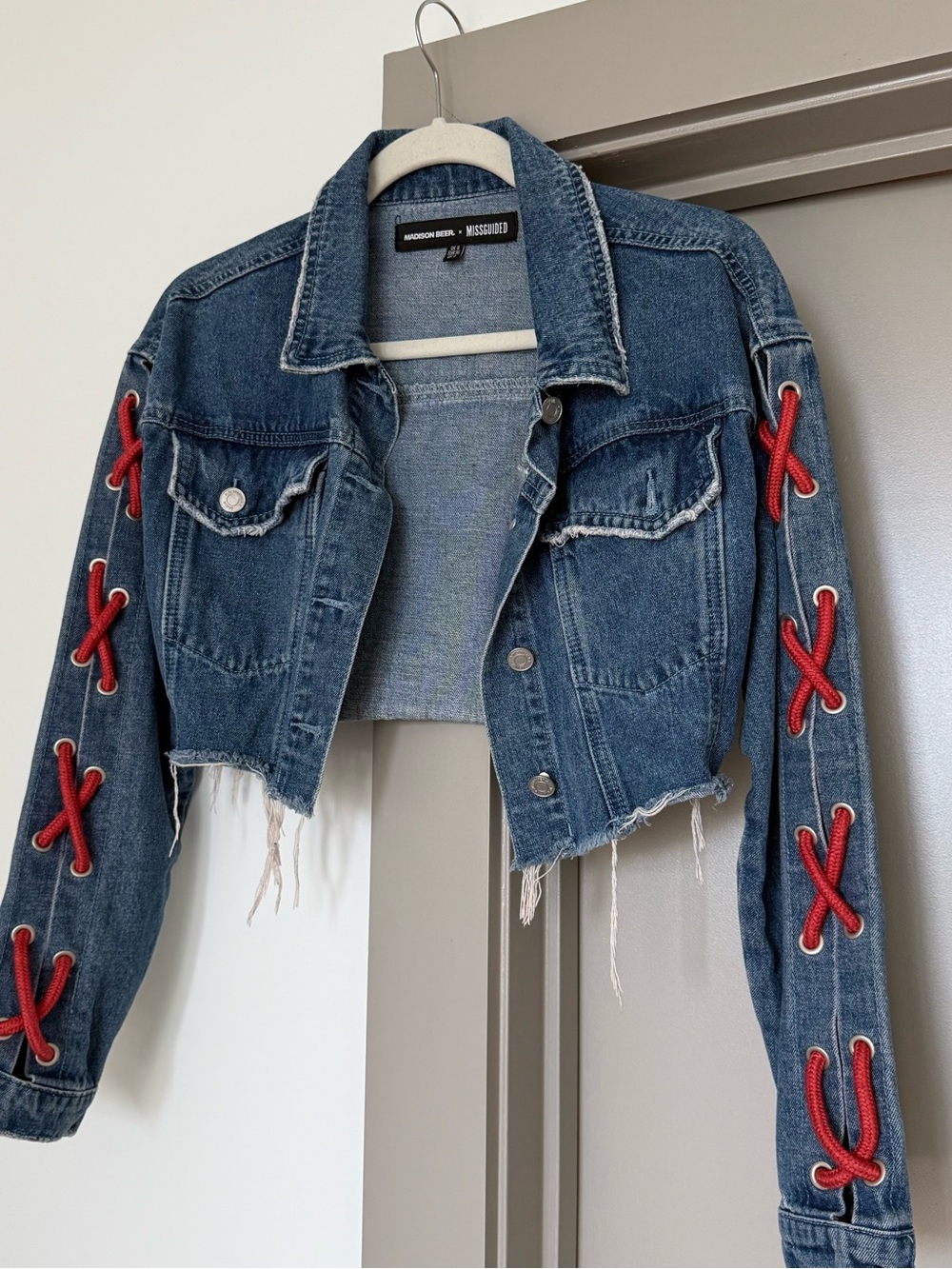 Cropped Denim Jacket with Red Lace-Up Sleeves